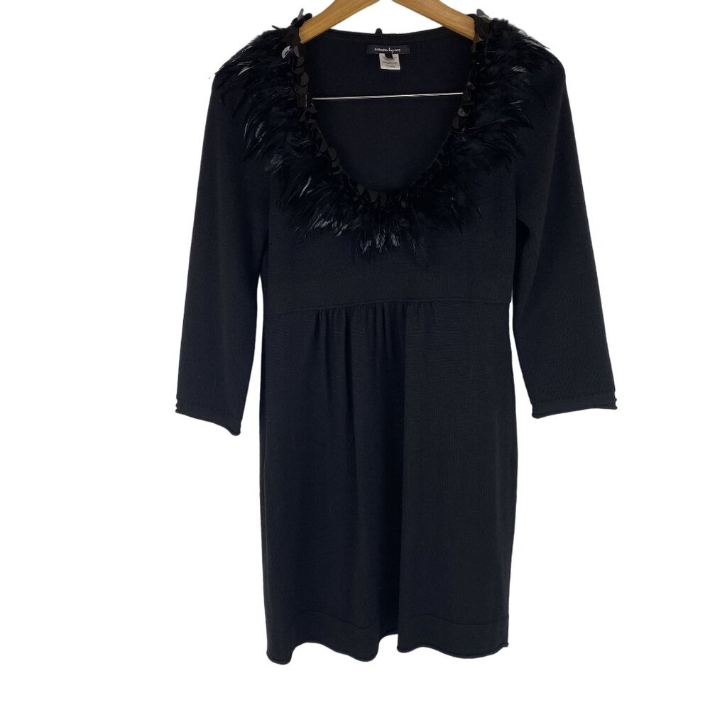 VTG Large Boho Fairy Babydoll Preppy Black Feather Embellished Merino Wool Dress - Picture 1 of 10